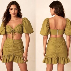 ROSEVELVET Puff Sleeve Ruched Crop Top Ruffle Skirt Set Cotton Olive Green M